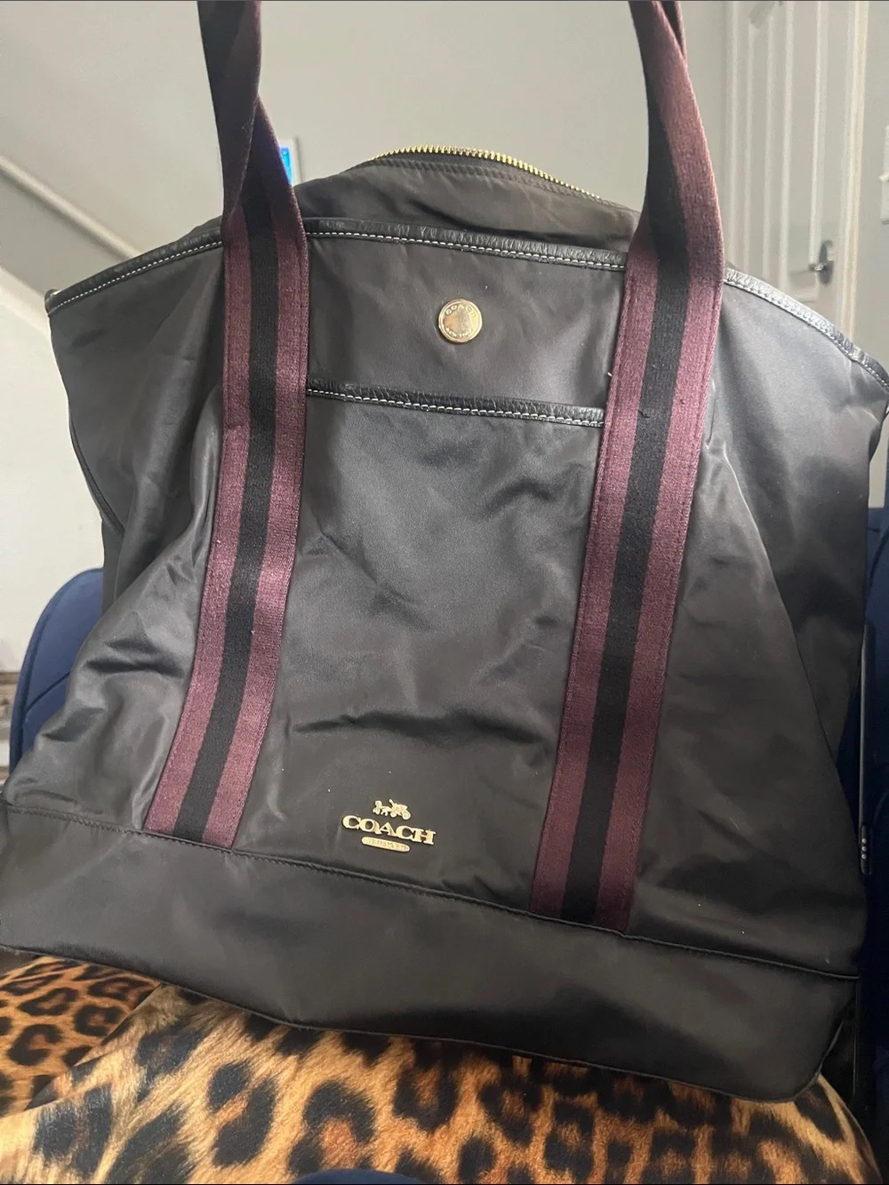 Coach Black Nylon diaper bag with Burgundy-Striped Handles